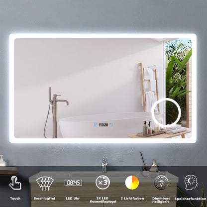 120x70cm LED Badspiegel mit Uhr,Touch und 3x Vergrößernder Kosmetikspiegel,Badspiegel mit Beleuchtung,Beschlagfrei,Badezimmerspiegel mit 3 Lichtfarbe 2700-6500K Dimmbar,IP44