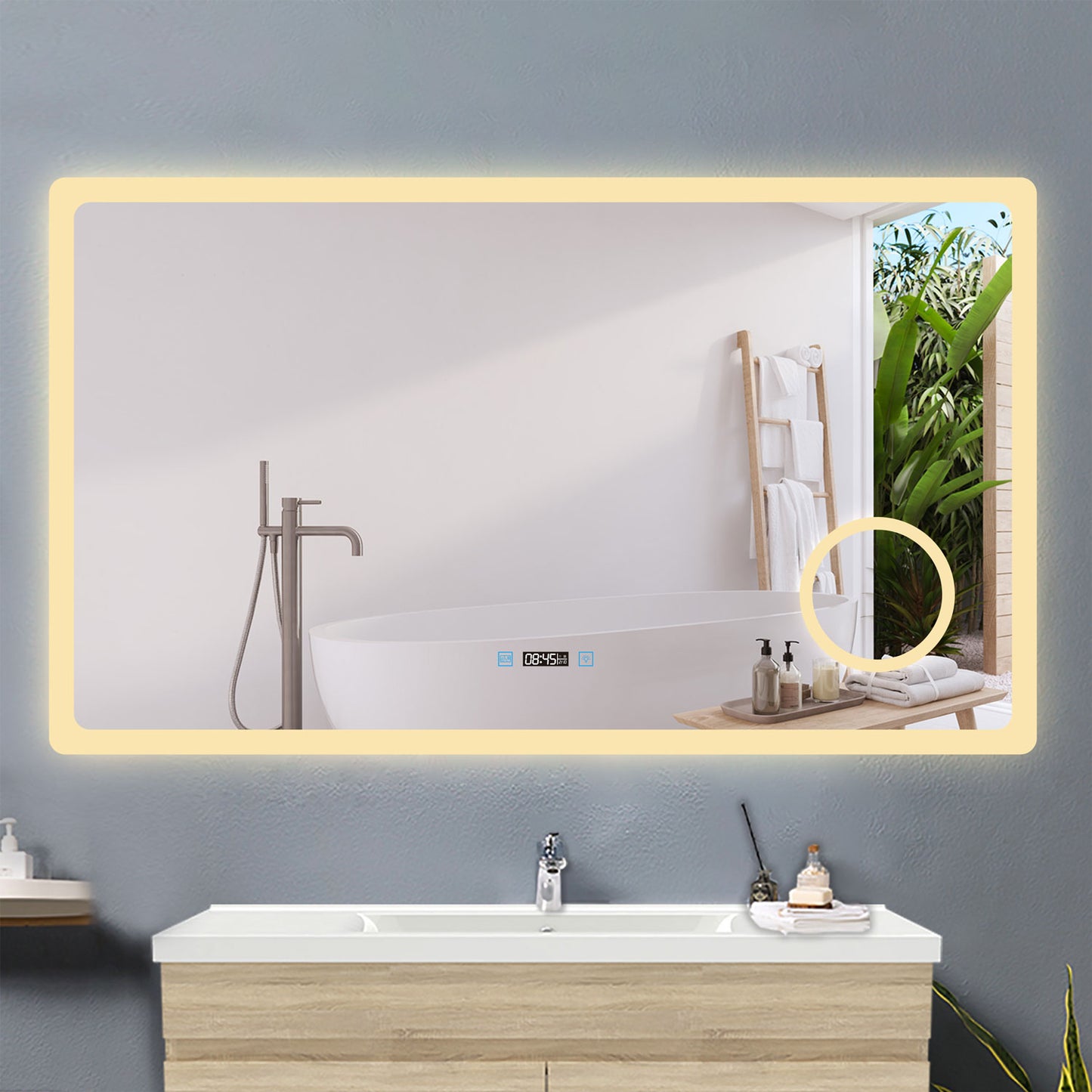 120x70cm LED Badspiegel mit Uhr,Touch und 3x Vergrößernder Kosmetikspiegel,Badspiegel mit Beleuchtung,Beschlagfrei,Badezimmerspiegel mit 3 Lichtfarbe 2700-6500K Dimmbar,IP44