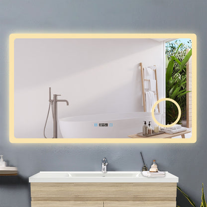 120x70cm LED Badspiegel mit Uhr,Touch und 3x Vergrößernder Kosmetikspiegel,Badspiegel mit Beleuchtung,Beschlagfrei,Badezimmerspiegel mit 3 Lichtfarbe 2700-6500K Dimmbar,IP44