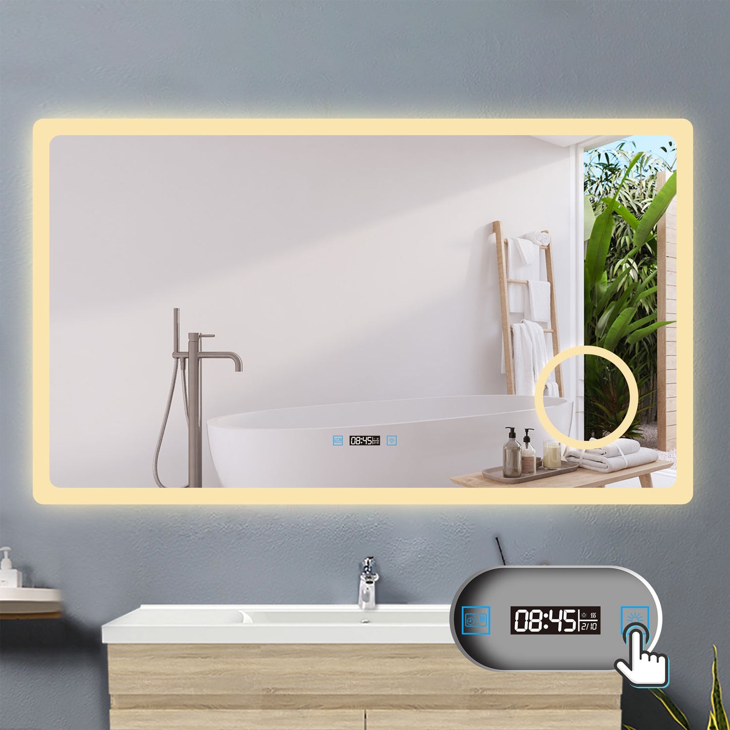 120x70cm LED Badspiegel mit Uhr,Touch und 3x Vergrößernder Kosmetikspiegel,Badspiegel mit Beleuchtung,Beschlagfrei,Badezimmerspiegel mit 3 Lichtfarbe 2700-6500K Dimmbar,IP44