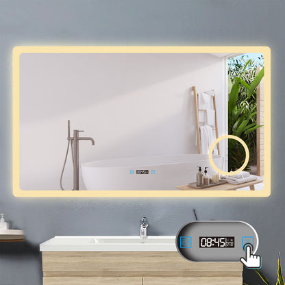120x70cm LED Badspiegel mit Uhr,Touch und 3x Vergrößernder Kosmetikspiegel,Badspiegel mit Beleuchtung,Beschlagfrei,Badezimmerspiegel mit 3 Lichtfarbe 2700-6500K Dimmbar,IP44