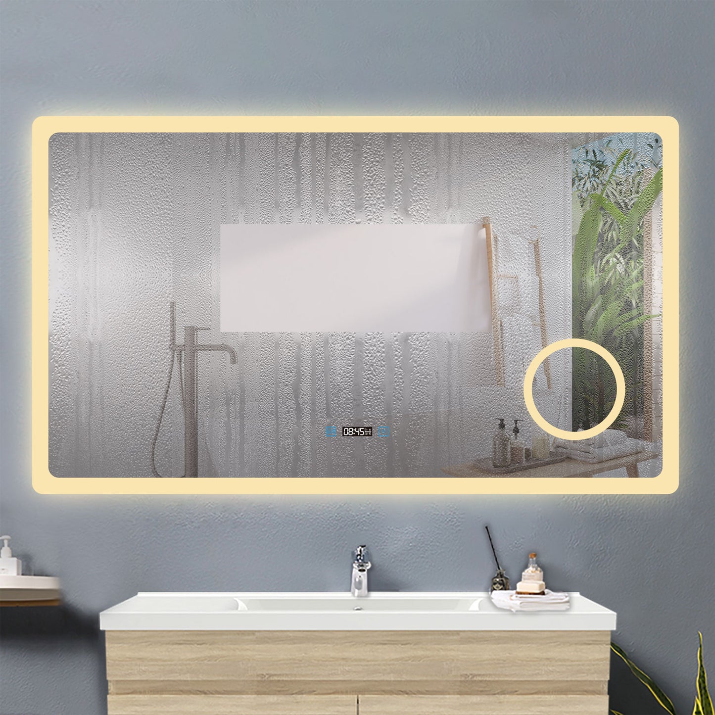 120x70cm LED Badspiegel mit Uhr,Touch und 3x Vergrößernder Kosmetikspiegel,Badspiegel mit Beleuchtung,Beschlagfrei,Badezimmerspiegel mit 3 Lichtfarbe 2700-6500K Dimmbar,IP44