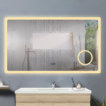 120x70cm LED Badspiegel mit Uhr,Touch und 3x Vergrößernder Kosmetikspiegel,Badspiegel mit Beleuchtung,Beschlagfrei,Badezimmerspiegel mit 3 Lichtfarbe 2700-6500K Dimmbar,IP44