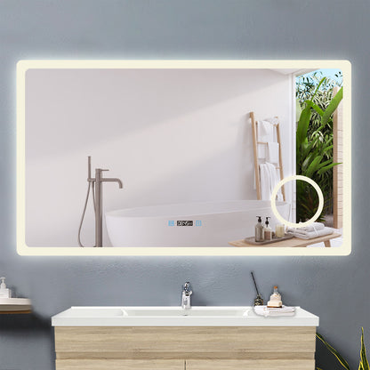 120x70cm LED Badspiegel mit Uhr,Touch und 3x Vergrößernder Kosmetikspiegel,Badspiegel mit Beleuchtung,Beschlagfrei,Badezimmerspiegel mit 3 Lichtfarbe 2700-6500K Dimmbar,IP44