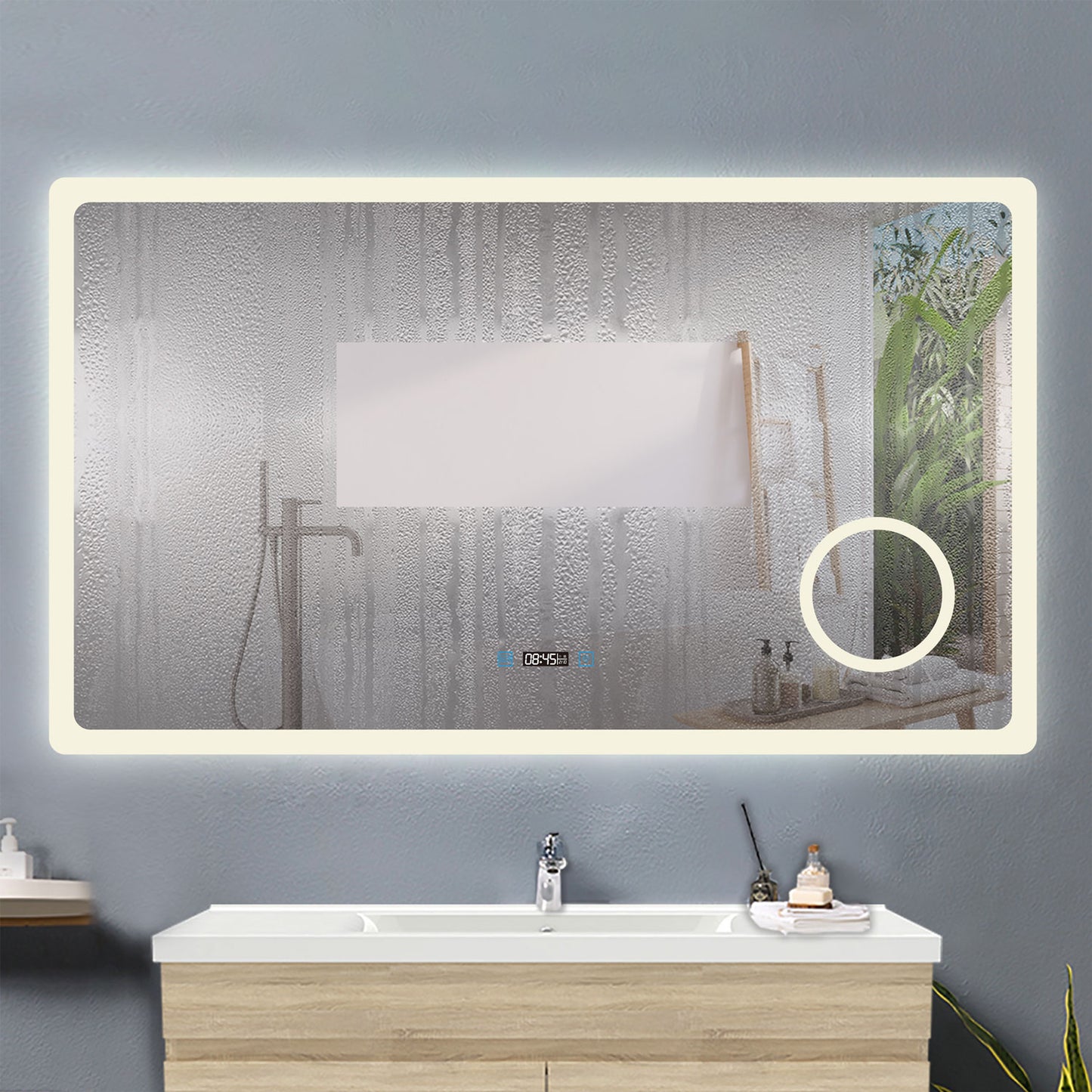 120x70cm LED Badspiegel mit Uhr,Touch und 3x Vergrößernder Kosmetikspiegel,Badspiegel mit Beleuchtung,Beschlagfrei,Badezimmerspiegel mit 3 Lichtfarbe 2700-6500K Dimmbar,IP44
