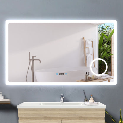 120x70cm LED Badspiegel mit Uhr,Touch und 3x Vergrößernder Kosmetikspiegel,Badspiegel mit Beleuchtung,Beschlagfrei,Badezimmerspiegel mit 3 Lichtfarbe 2700-6500K Dimmbar,IP44