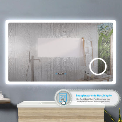 120x70cm LED Badspiegel mit Uhr,Touch und 3x Vergrößernder Kosmetikspiegel,Badspiegel mit Beleuchtung,Beschlagfrei,Badezimmerspiegel mit 3 Lichtfarbe 2700-6500K Dimmbar,IP44