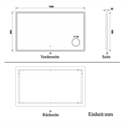 LED Wandspiegel 140×80cm Touch/Wandschalter Beschlagfrei 3 Lichtfarbe Dimmbar Badezimmerspiegel mit 3-Fach Vergrößerung Schminkspiegel IP44