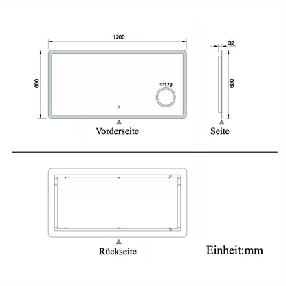 LED Wandspiegel 120×60cm Touch/Wandschalter Beschlagfrei 3 Lichtfarbe Dimmbar Badezimmerspiegel mit 3-Fach Vergrößerung Schminkspiegel IP44