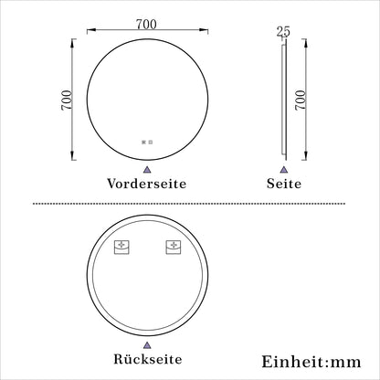 Rund Badspiegel 70cm LED Wandspiegel mit Touch/Wandschalter Beschlagfrei 3 Lichtfarbe+Dimmbar Badezimmerspiegel mit Beleuchtung IP44