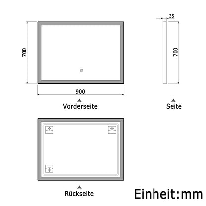 LED Wandspiegel 90x70cm Beschlagfrei Touch/Wandschalter 3 Lichtfarbe +Dimmbar Badspiegel mit Beleuchtung Badezimmerspiegel mit Schwarz Rahmen IP44