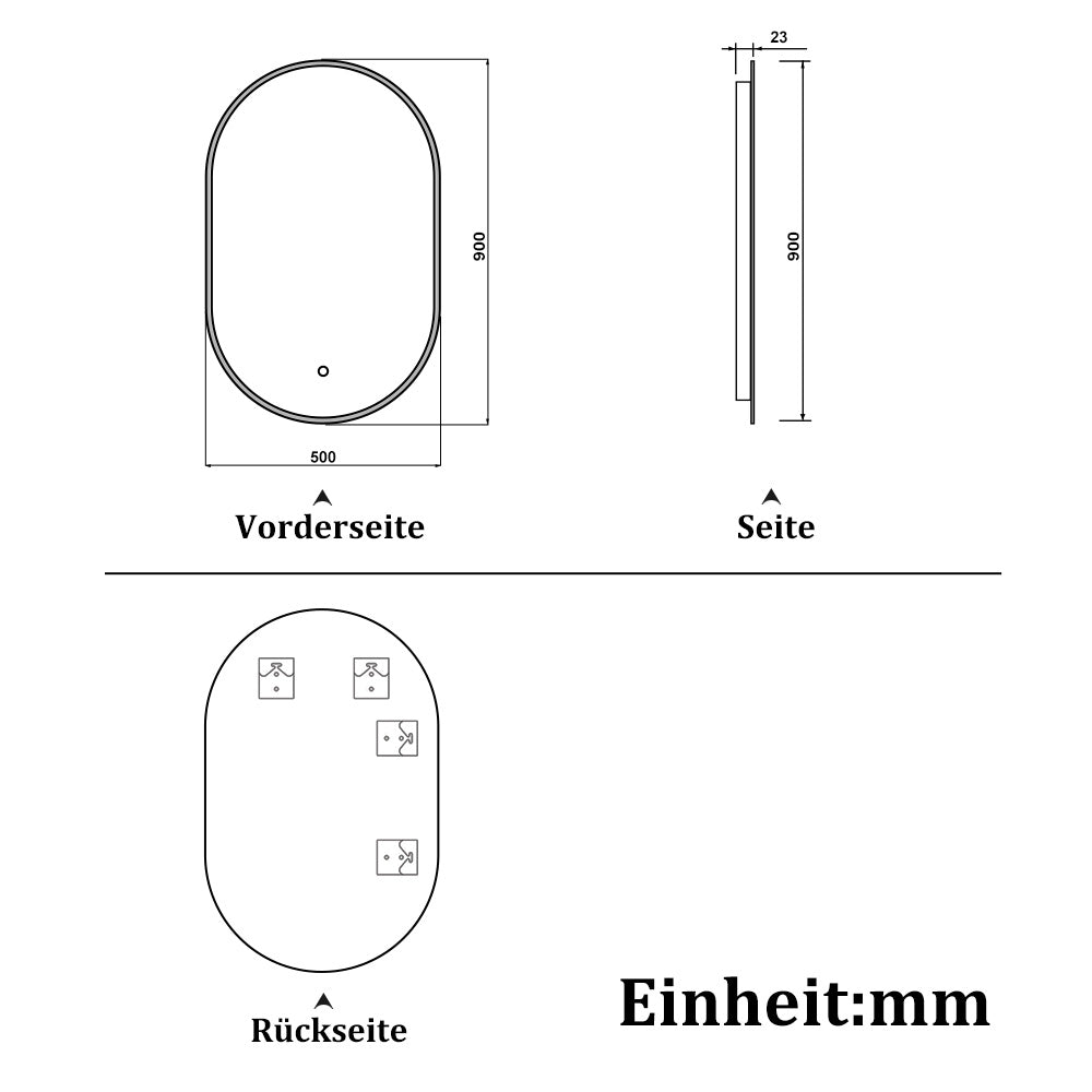 LED Badspiegel Oval 50x90cm mit Touch/Wandschalter Anti-Beschlag 3 Lichfarbe Dimmbar Badezimmerspiegel Rundbahn Wandspiegel Kalt/Neutral/Warmweiß IP44