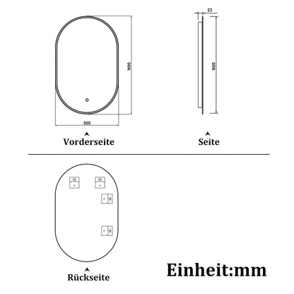 LED Badspiegel Oval 50x90cm mit Touch/Wandschalter Anti-Beschlag 3 Lichfarbe Dimmbar Badezimmerspiegel Rundbahn Wandspiegel Kalt/Neutral/Warmweiß IP44