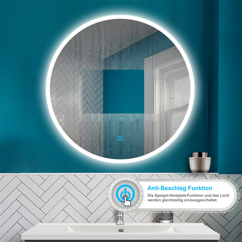 LED Rund Spiegel 3 Lichtfarbe Dimmbar Speicherfunktion Badzimmerspiegel Touchschalter und Wandschalter 90x90cm Beschlagfrei