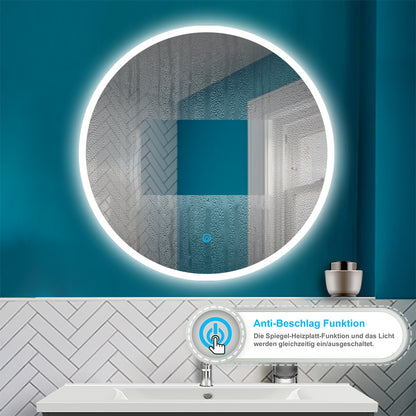 LED Rund Spiegel 3 Lichtfarbe Dimmbar Speicherfunktion Badzimmerspiegel Touchschalter und Wandschalter 90x90cm Beschlagfrei