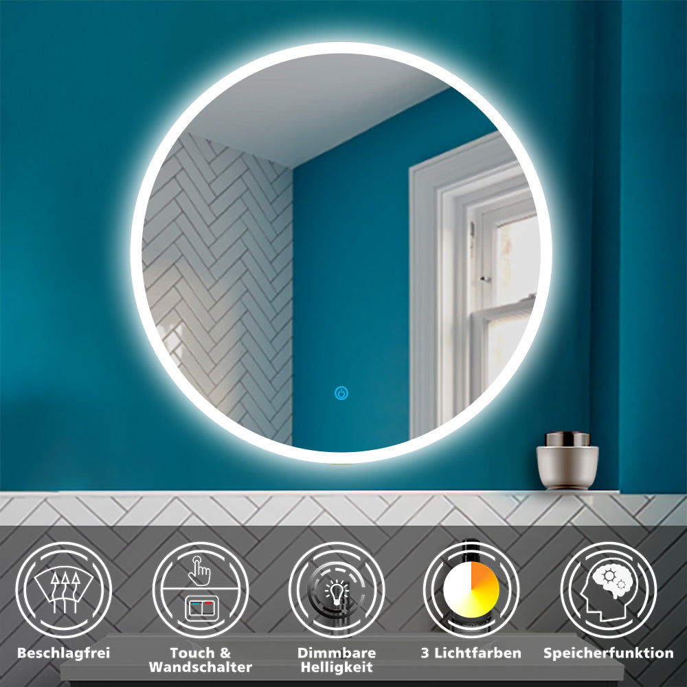 LED Rund Spiegel 3 Lichtfarbe Dimmbar Speicherfunktion Badzimmerspiegel Touchschalter und Wandschalter 90x90cm Beschlagfrei