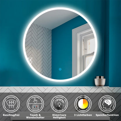 LED Rund Spiegel 3 Lichtfarbe Dimmbar Speicherfunktion Badzimmerspiegel Touchschalter und Wandschalter 90x90cm Beschlagfrei