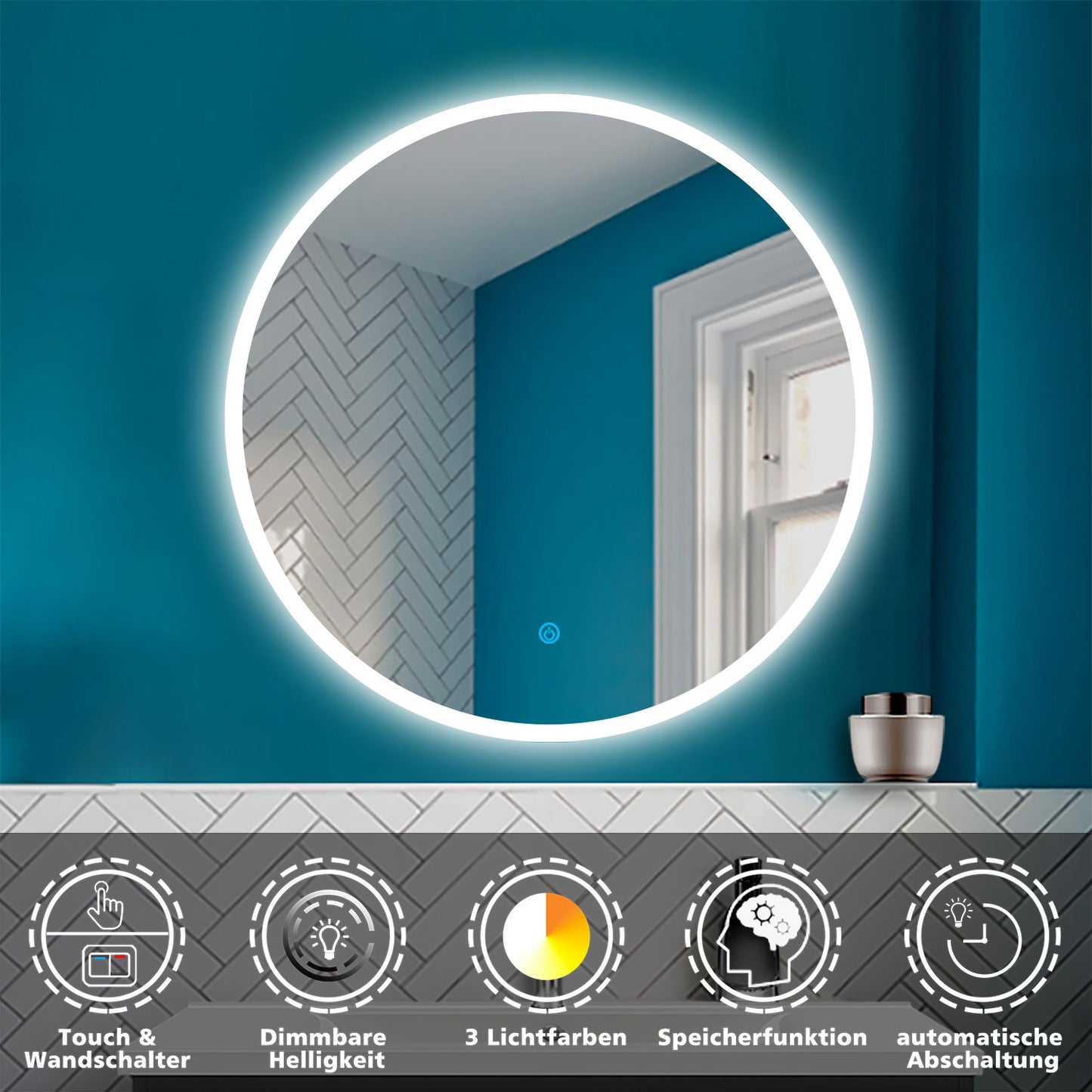 LED Rund Spiegel 3 Lichtfarbe Dimmbar Speicherfunktion Badzimmerspiegel Touchschalter und Wandschalter 40x40cm