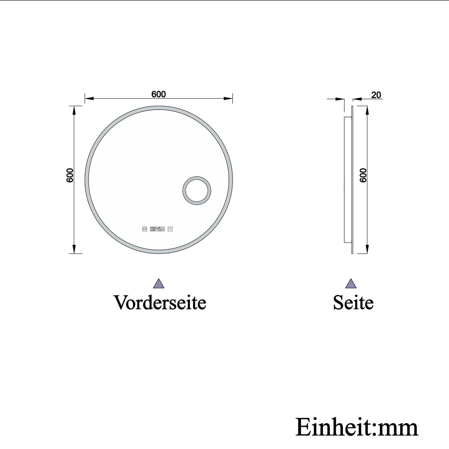 LED Badspiegel Rund 60cm mit Touch/Wandschalter Beschlagfrei Kalt/Neutral/Warmweiß Dimmbar Badezimmerspiegel mit Uhr und 3-Fach Kosmetikspiegel IP44