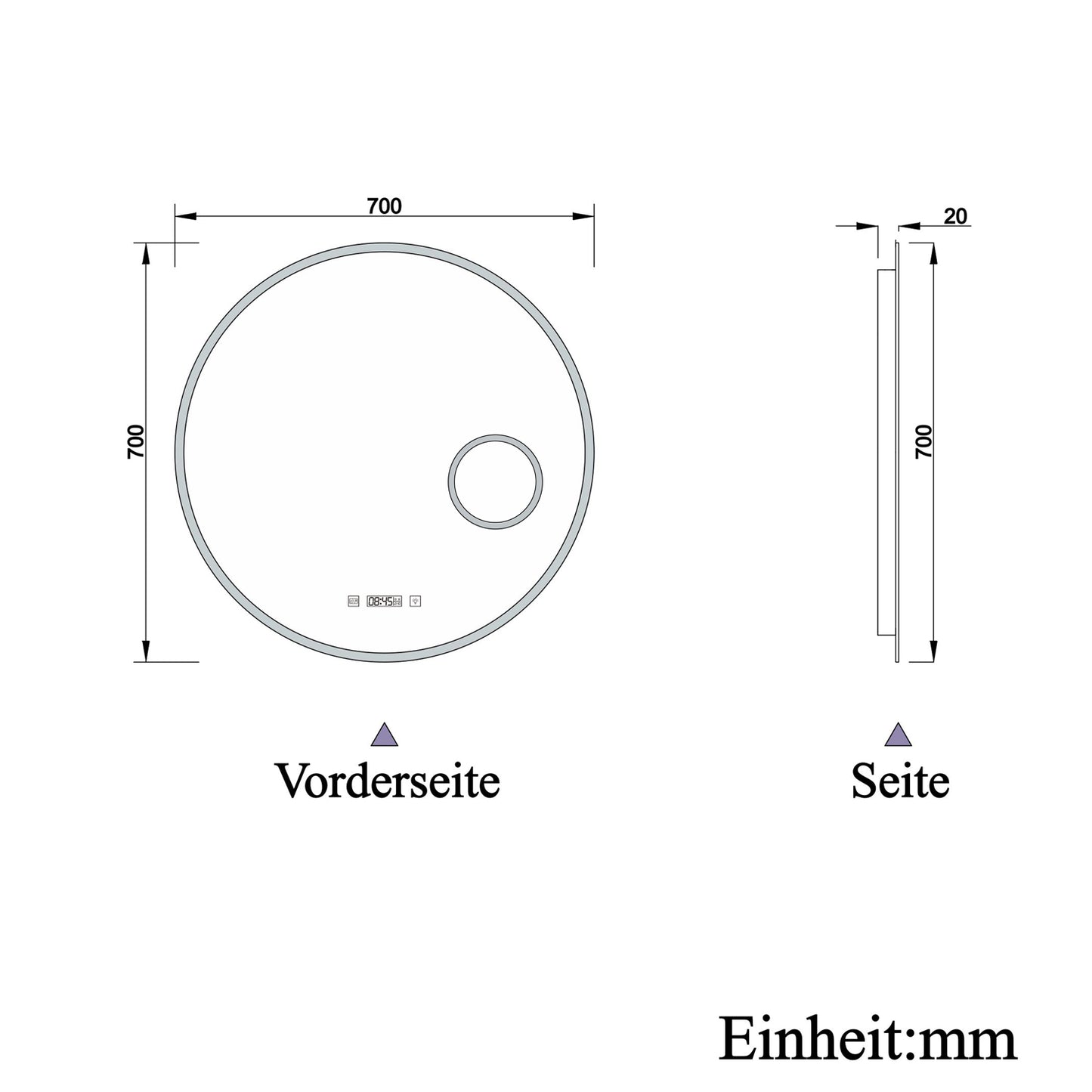 LED Badspiegel Rund 70cm mit Touch/Wandschalter Beschlagfrei Kalt/Neutral/Warmweiß Dimmbar Badezimmerspiegel mit Uhr und 3-Fach Kosmetikspiegel IP44