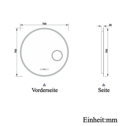 LED Badspiegel Rund 70cm mit Touch/Wandschalter Beschlagfrei Kalt/Neutral/Warmweiß Dimmbar Badezimmerspiegel mit Uhr und 3-Fach Kosmetikspiegel IP44