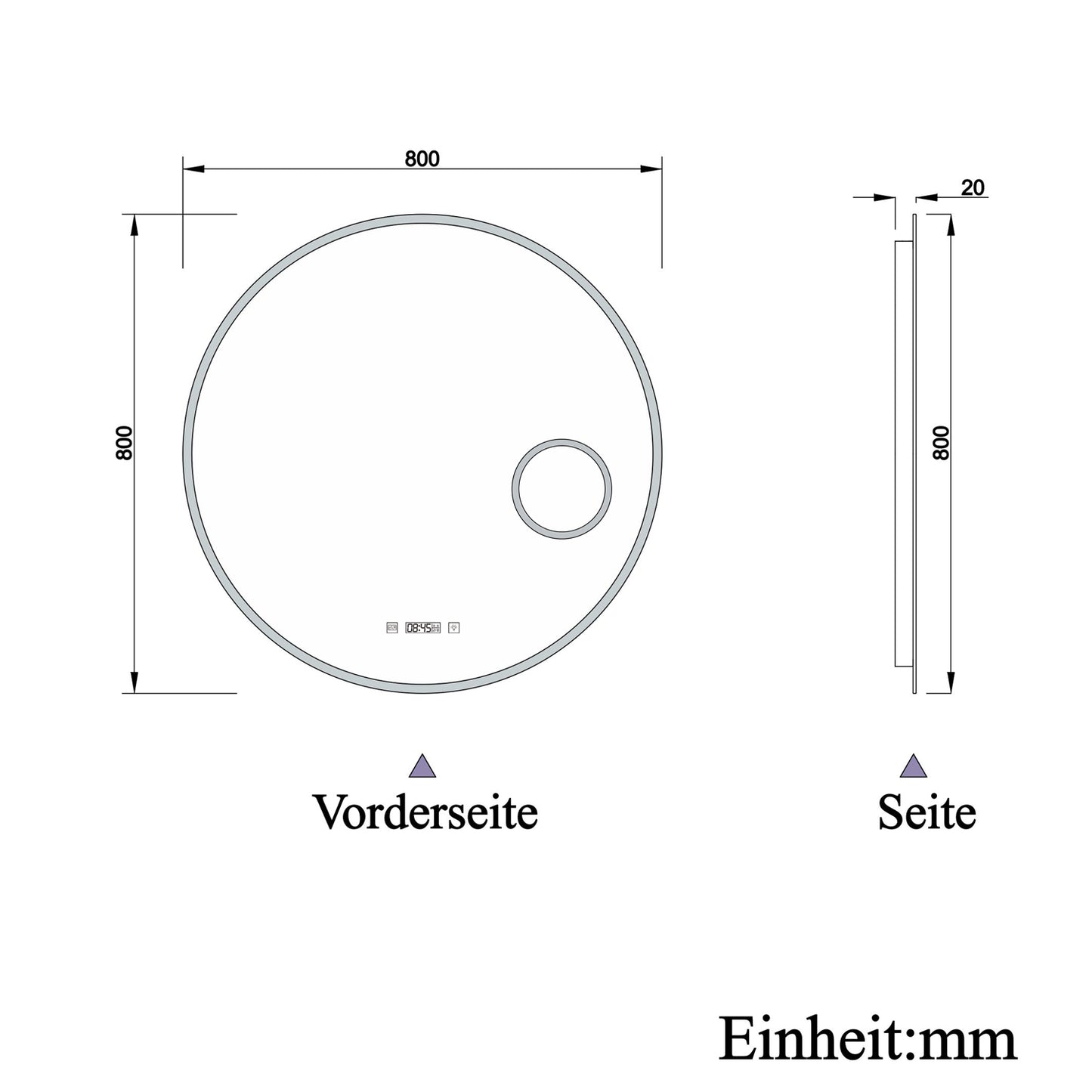 LED Badspiegel Rund 80cm mit Touch/Wandschalter Beschlagfrei Kalt/Neutral/Warmweiß Dimmbar Badezimmerspiegel mit Uhr und 3-Fach Kosmetikspiegel IP44
