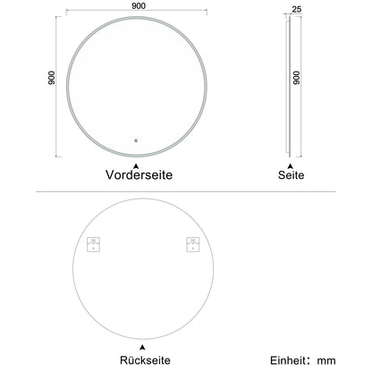 LED Rund Spiegel 3 Lichtfarbe Dimmbar Speicherfunktion Badzimmerspiegel Touchschalter und Wandschalter 90x90cm Beschlagfrei