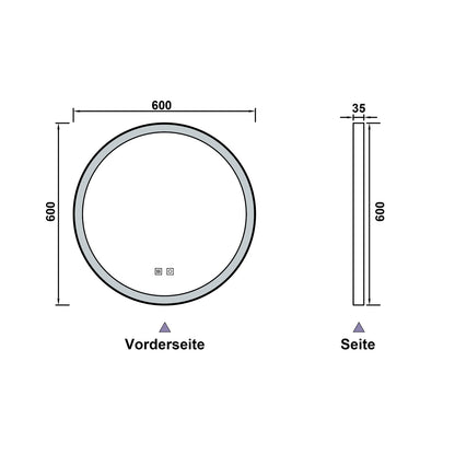 Rund LED Badspiegel 60cm Touch/Wandschalter Beschlagfrei 3 Lichtfarbe+Dimmbar Badezimmerspiegel mit Schwarz Rahmen Wandspiegel IP44