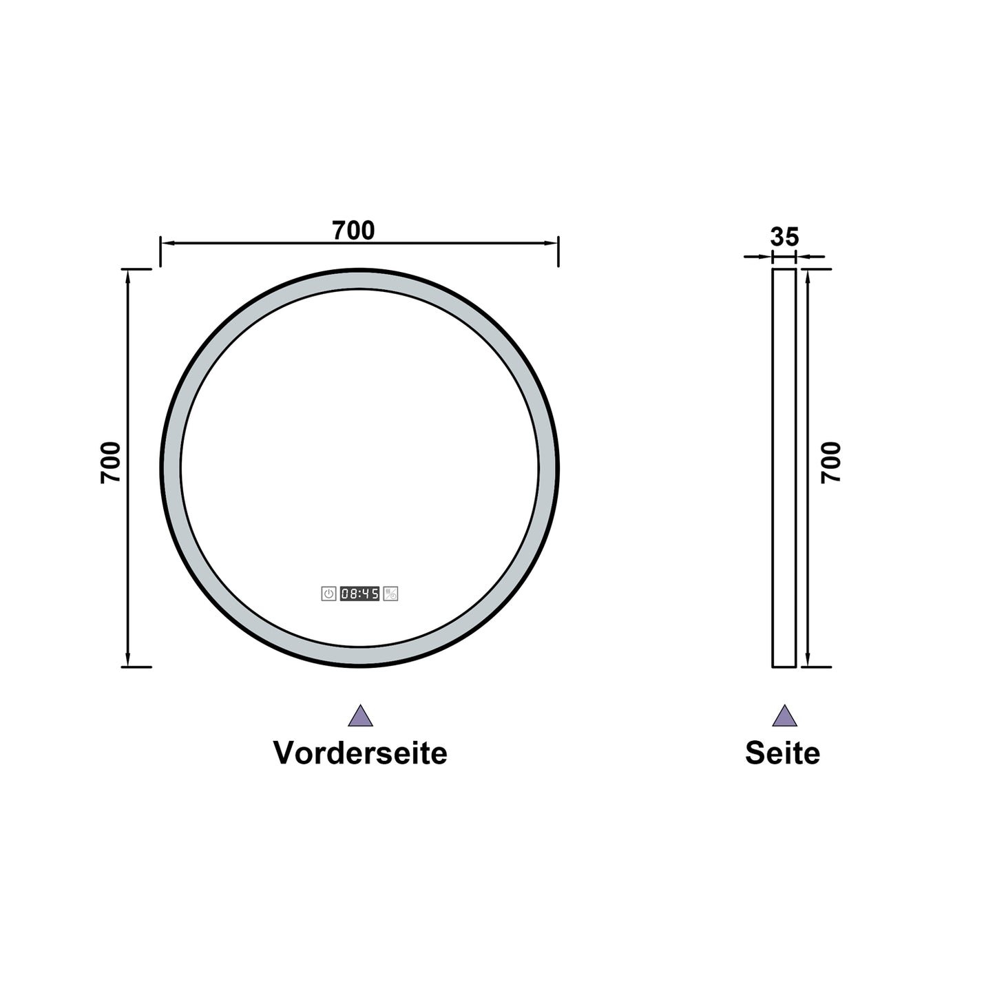 LED Badspiegel Rund 70cm Touch/Wandschalter Beschlagfrei Uhr 3 Lichtfarbe+Dimmbar Badezimmerspiegel mit Schwarz Rahmen Wandspiegel IP44