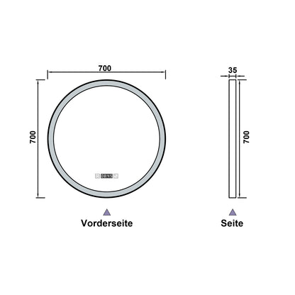 LED Badspiegel Rund 70cm Touch/Wandschalter Beschlagfrei Uhr 3 Lichtfarbe+Dimmbar Badezimmerspiegel mit Schwarz Rahmen Wandspiegel IP44
