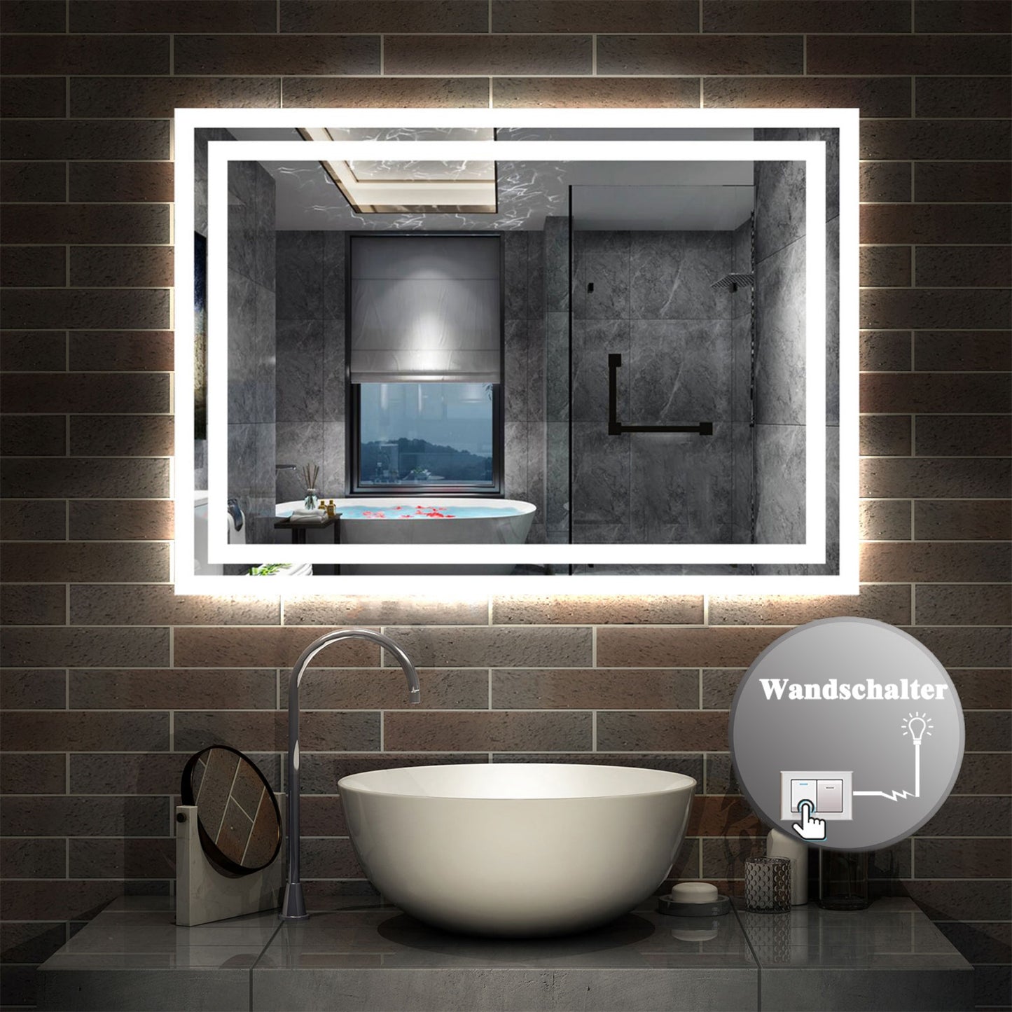 LED Spiegel 60x50 cm Wandschalter BESCHLAGFREI Spiegel mit Beleuchtung Kaltweiß Lichtspiegel Wandspiegel