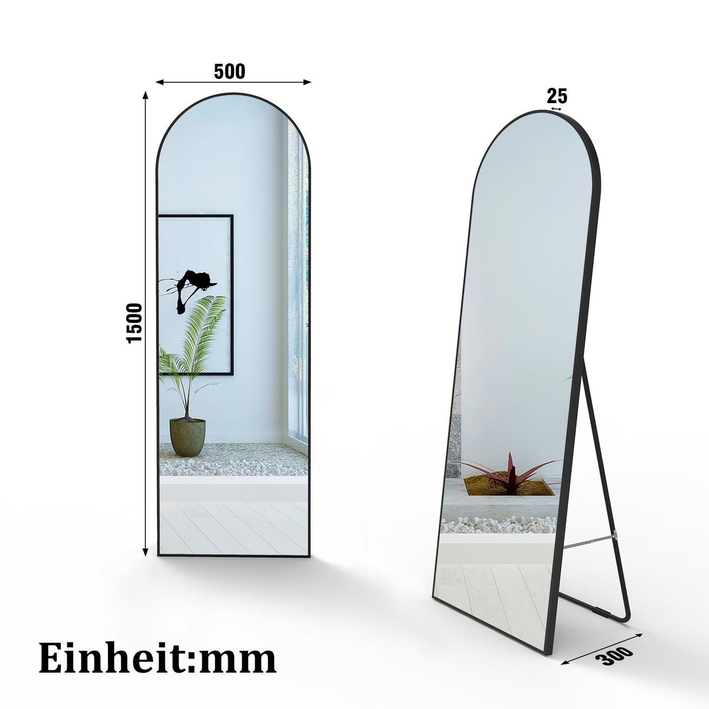 Bogen Standspiegel 150×50cm Hängespiegel 2 in 1 Ganzkörperspiegel mit Schwarz Rahmen Ankleidespiegel  Wandspiegel Garderobenspiegel