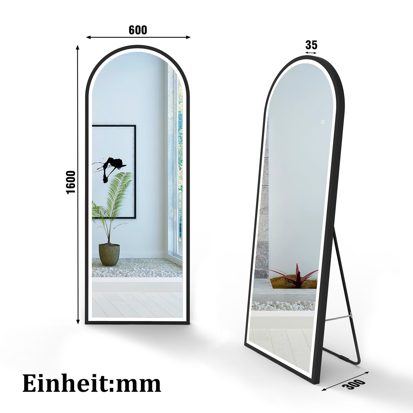 LED Bogen Standspiegel 160×60cm 3 Lichfarbe dimmbar Touch/Wandschalter Hängespiegel 2 in 1 Ganzkörperspiegel mit Schwarz Rahmen Ankleidespiegel Wandspiegel Garderobenspiegel