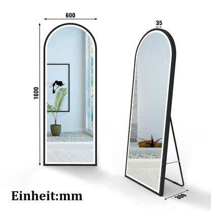 LED Bogen Standspiegel 160×60cm 3 Lichfarbe dimmbar Touch/Wandschalter Hängespiegel 2 in 1 Ganzkörperspiegel mit Schwarz Rahmen Ankleidespiegel Wandspiegel Garderobenspiegel