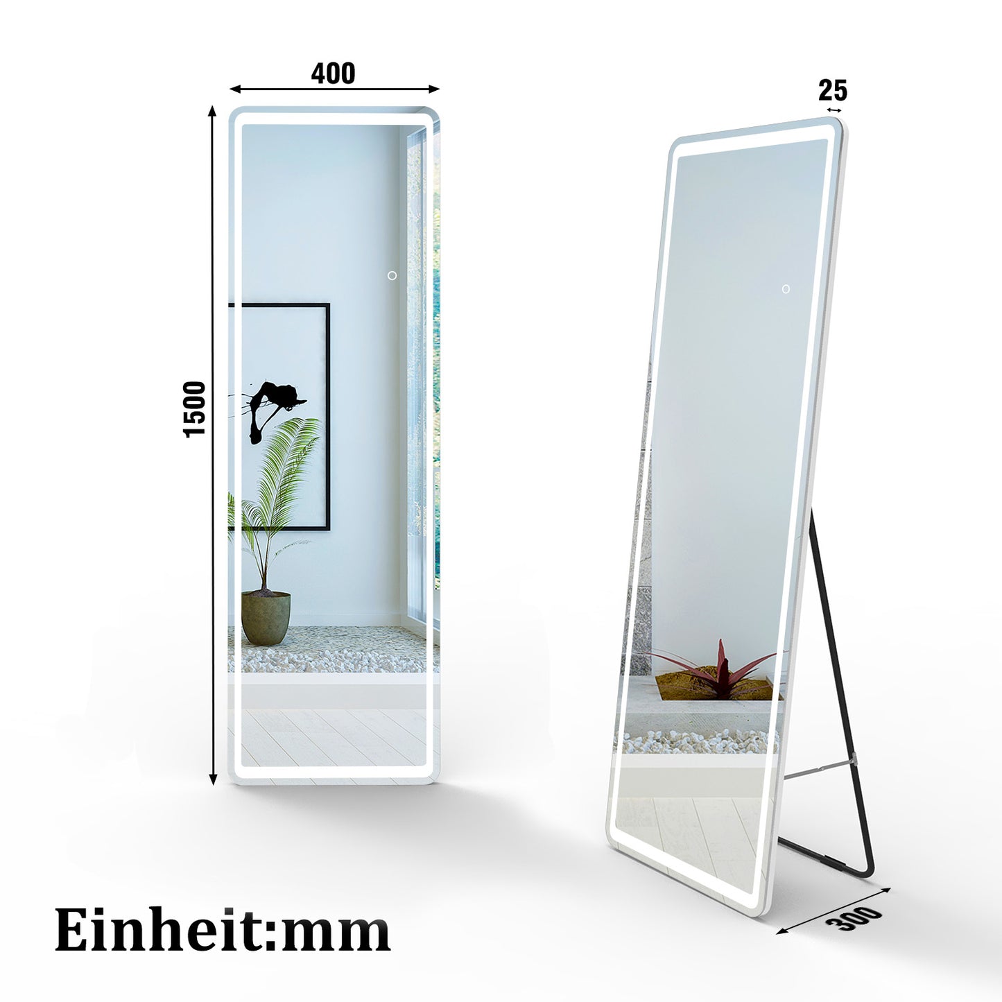 LED Standspiegel 150×40cm 3 Lichfarbe dimmbar Touch/Wandschalter Hängespiegel 2 in 1 Ganzkörperspiegel Wandspiegel Ankleidespiegel Garderobenspiegel