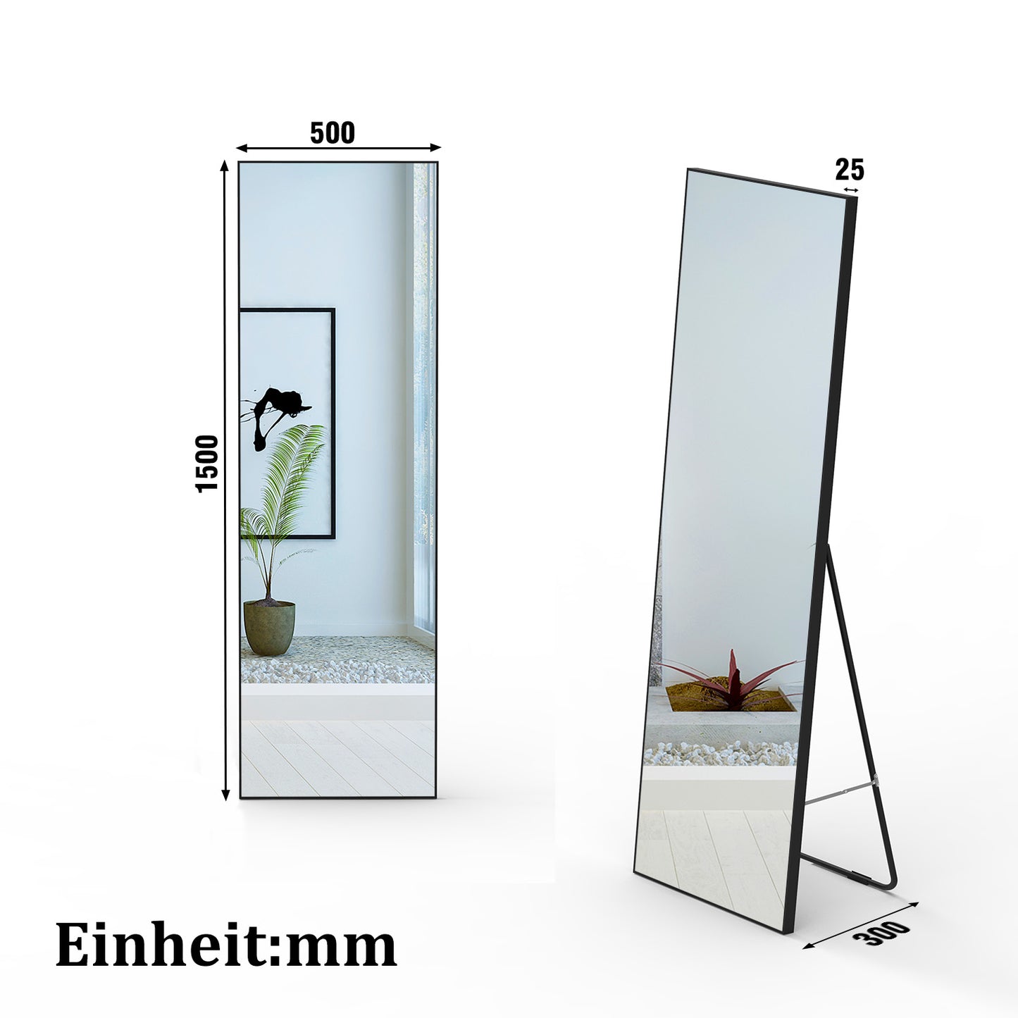 Standspiegel 150×50cm Hängespiegel 2 in 1 Ganzkörperspiegel mit Schwarz Rahmen Wandspiegel Ankleidespiegel Garderobenspiegel