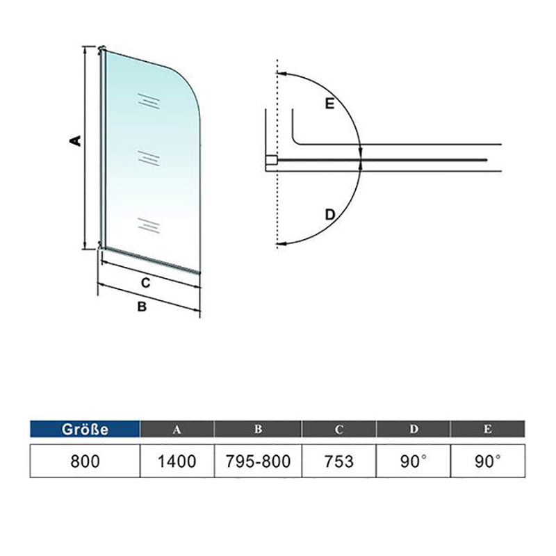 Badewannenaufsatz 80 x H.140 cm Duschwand Duschabtrennung für Badewanne Duschtrennwände Glas Dimensions