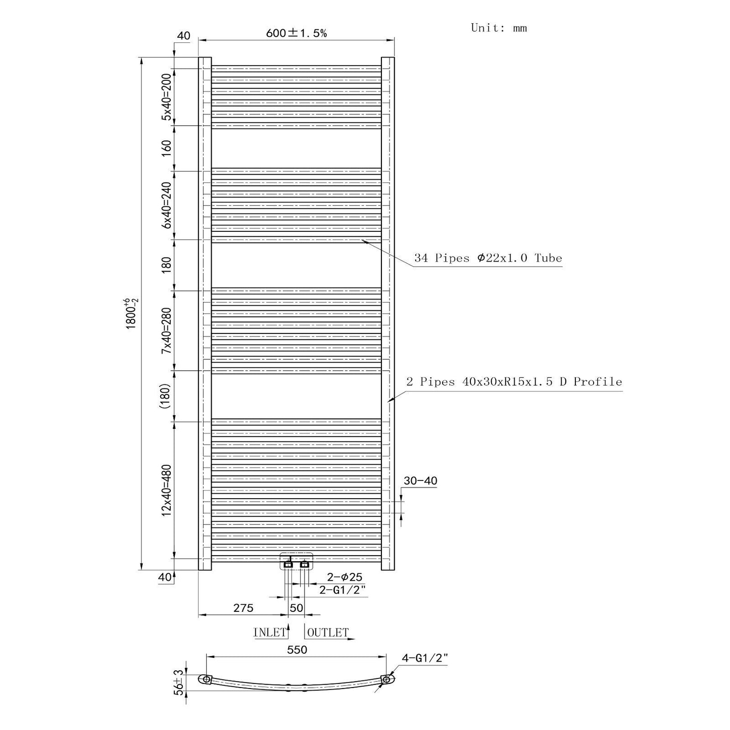 Badheizkörper Heizkörper Handtuchwärmer Handtuchtrockner Handtuchhalter 1800x600mm