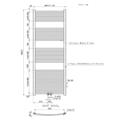Badheizkörper Heizkörper Handtuchwärmer Handtuchtrockner Handtuchhalter 1800x600mm