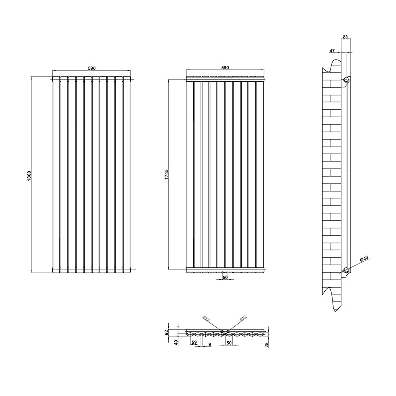 Heizkörper Oval 1800x590mm Design-Heizkörper Paneelheizkörper Einlagig Vertikal Mittelanschluss