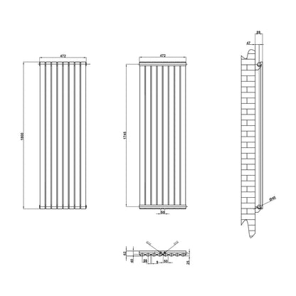 Heizkörper Oval 1800x472mm Design-Heizkörper Paneelheizkörper Einlagig Vertikal Mittelanschluss