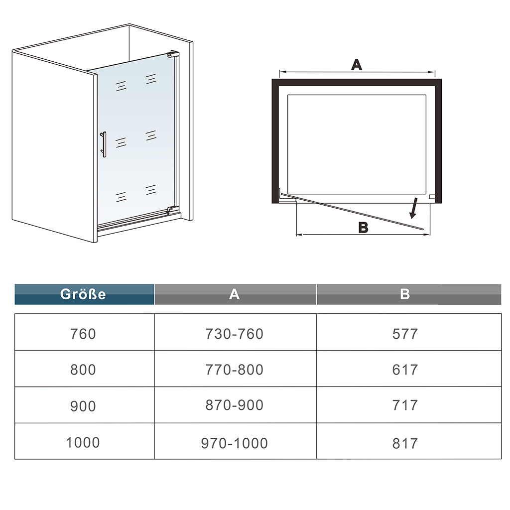 Glastür Drehtür Nischentür Nischenduschtür 100 x H.185 mit Duschtasse / Duschwanne 100x90 cm Duschabtrennung Glas Dimensions