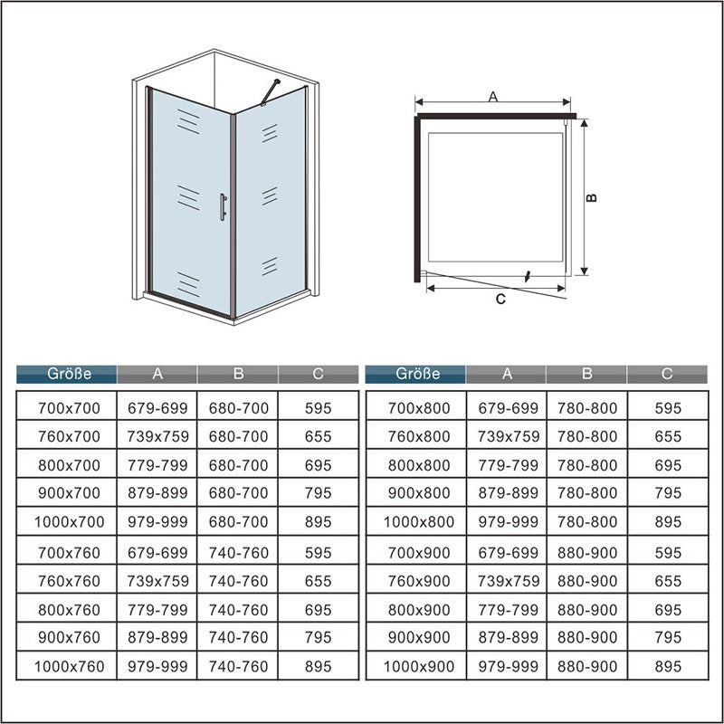 Duschkabine 90x90 x H. 195 cm Drehtür Duschtür Ebenerdig mit Seitenwand Duschabtrennung Glasdusche Duschtrennwand Dimensions