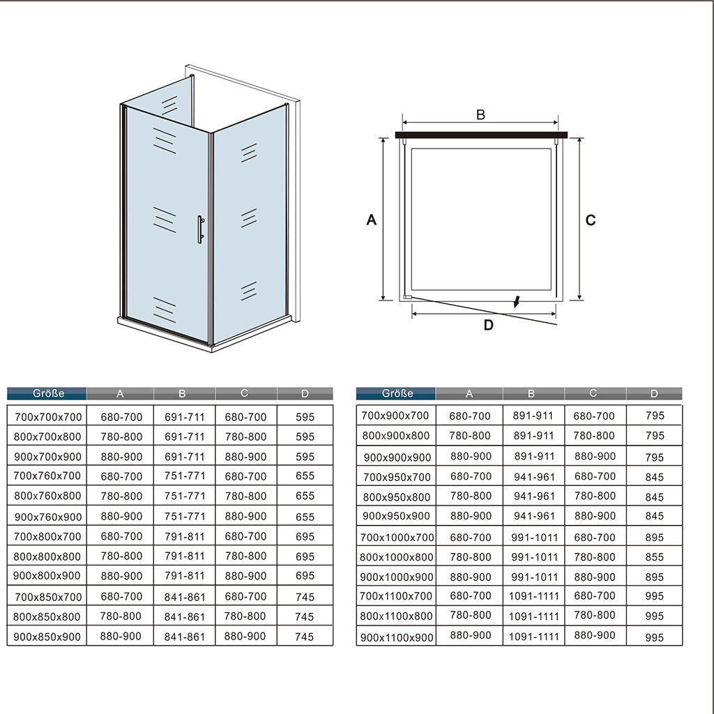 U-Duschkabine 90x90 x H. 195 cm U Form U-kabine Duschtuer Glas mit Seitenwände Duschwanne Duschabtrennung Dimensions