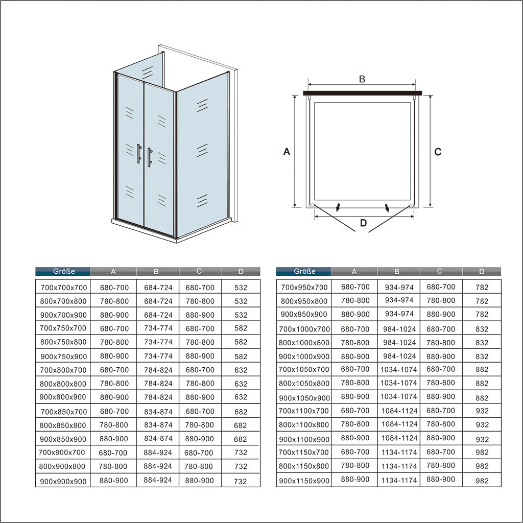 U-Duschkabine 90x90 H. 195 cm U Form U-kabine Duschtuer Glas mit Seitenwände Duschabtrennung Duschtrennwand Dimensions