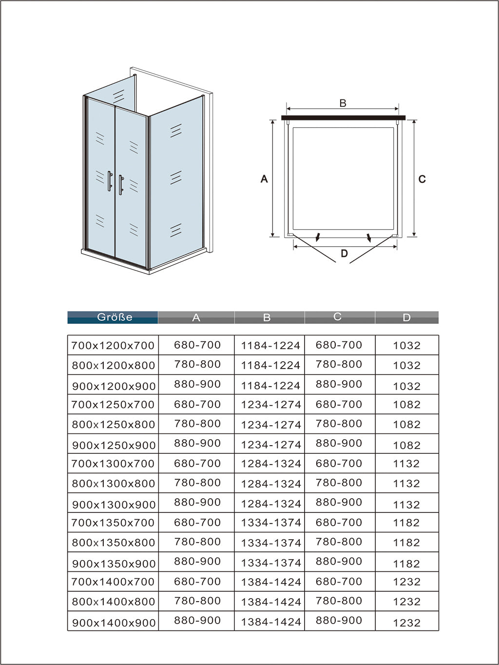 U-Duschkabine 140x90 H. 195 cm Doppelflügeltüren mit Seitenwänden Duschabtrennung Glasdusche Duschtrennwand Dimensions
