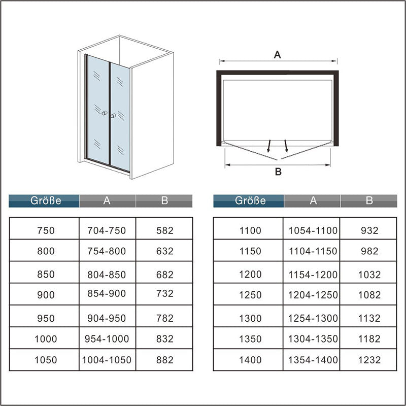 Doppeltür Nischentür Pendeltür 80 x H.195 mit Duschtasse / Duschwanne 140x80 cm Duschabtrennung Glas Dimensions