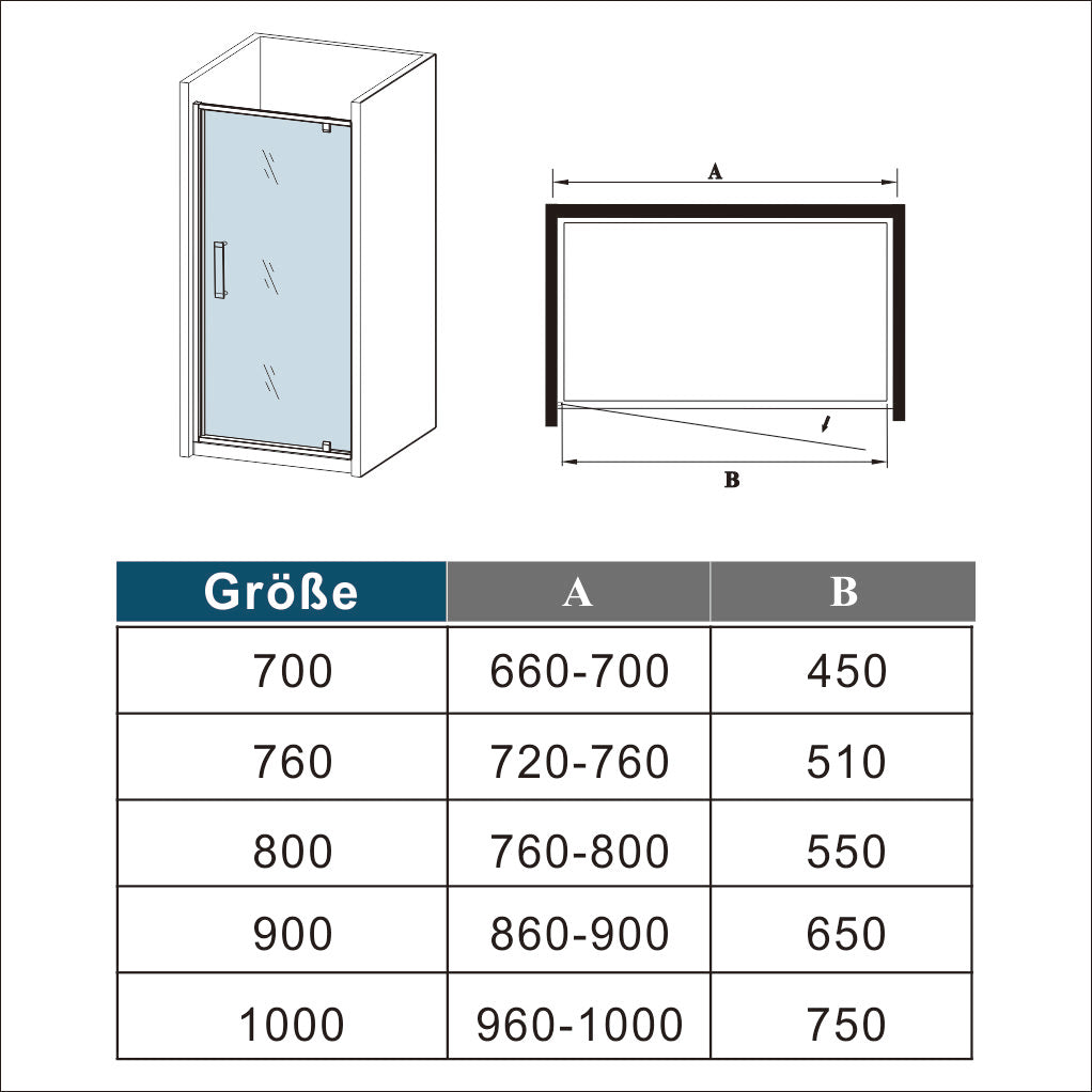 Drehtür Nischentür Nischenduschtür Duschtür 100 x H.185 mit Duschtasse / Duschwanne 100x90 cm Duschabtrennung Glas Dimensions