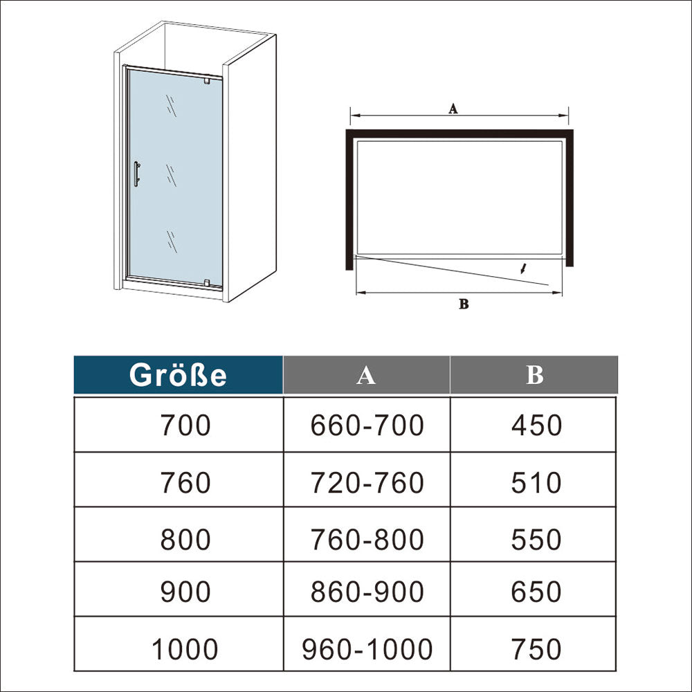 Duschabtrennung aus Glas Drehtür Nischentür Nischenduschtür 100 x H.185 mit Duschtasse / Duschwanne 100x90 cm Dimensions