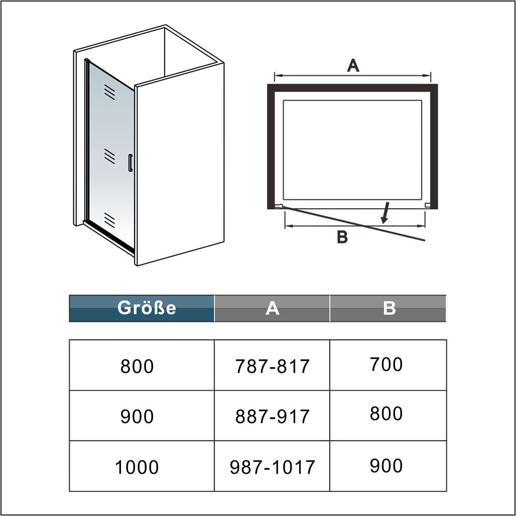 Drehtür Nischentür Nischenduschtür 90 x H.200 mit Duschtasse / Duschwanne 100x90 cm Duschabtrennung Glas Dimensions